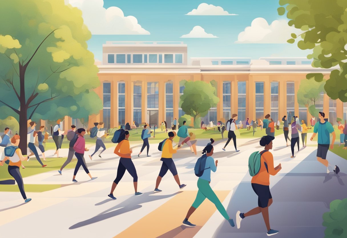 A bustling university campus with students walking, studying, and engaging in physical activities like yoga or running. The scene exudes a sense of energy and focus on health and well-being