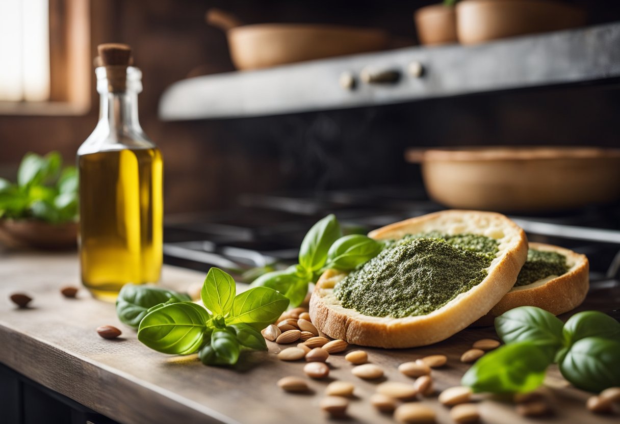 Uma cozinha rústica na Ligúria, com manjericão fresco, pinhões e azeite para fazer o tradicional pesto. Um forno quente assa pão focaccia dourado.