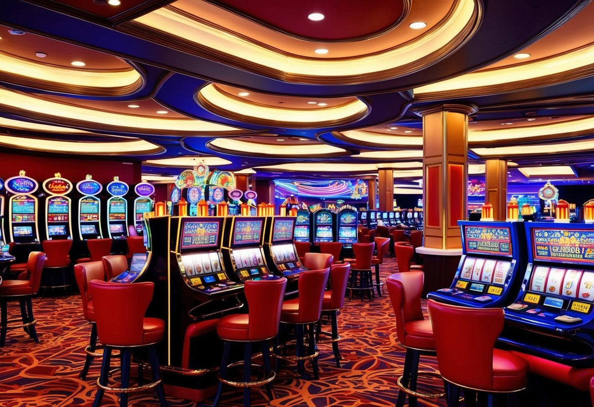 A lively casino floor, adorned with bright lights and colorful slot machines, filled with the sounds of coins clanging and lively chatter.