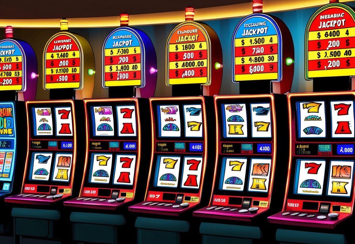 A row of colorful slot machines with flashing lights and spinning reels, displaying increasing jackpot amounts above each of them.