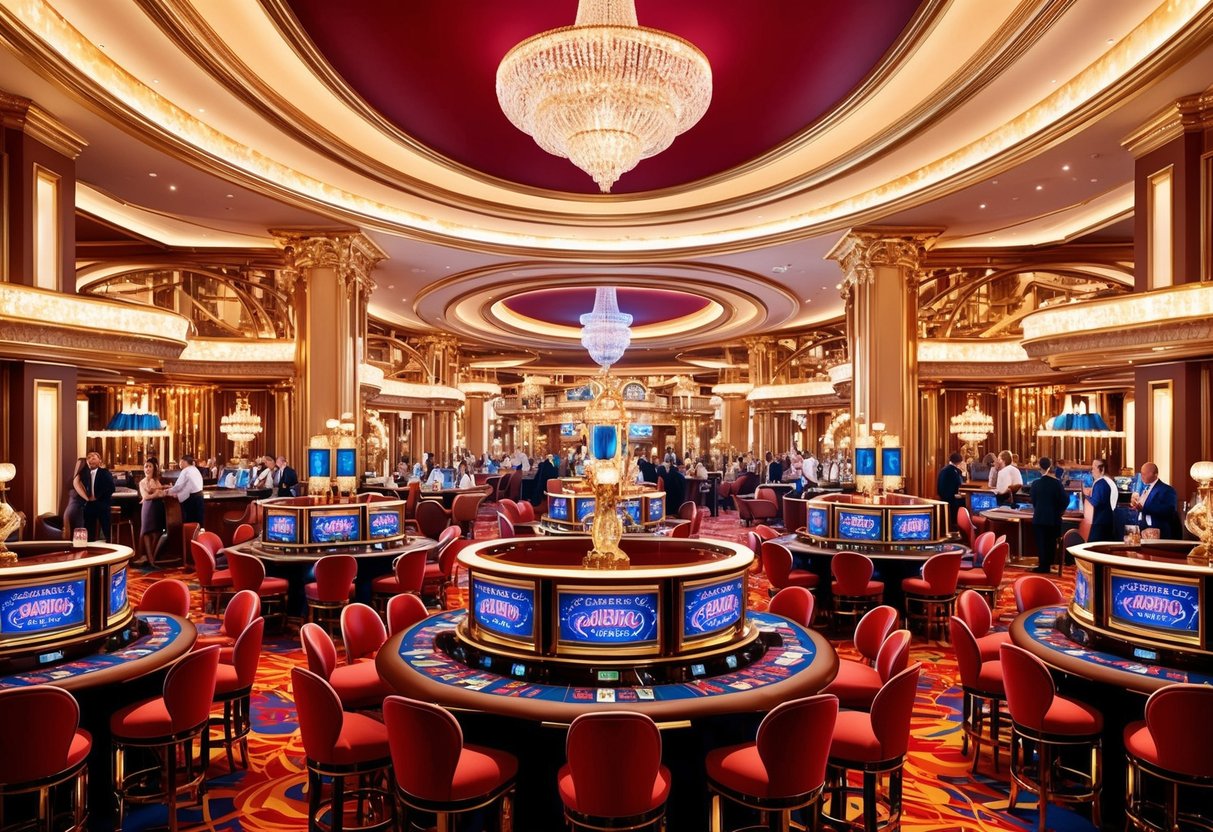 A grand opulent casino with bright lights, elegant decoration, and bustling activity