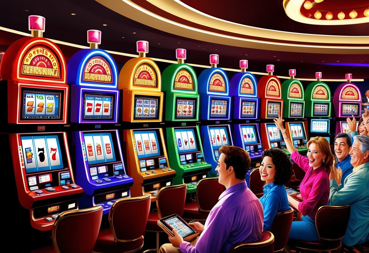 A colorful array of slot machines with flashing lights and spinning reels, surrounded by excited, hopeful casino customers.