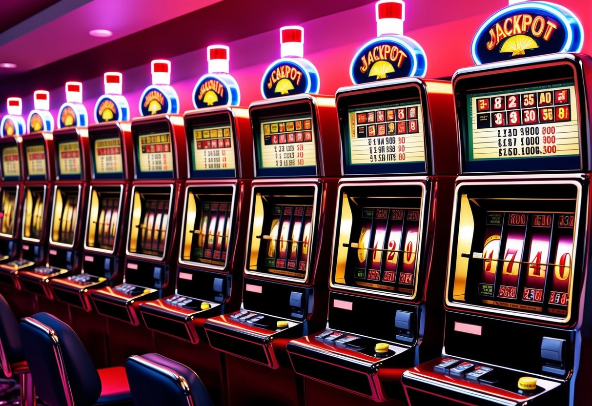 A row of fascinating slot machines with flashing lights and increasing jackpot counters