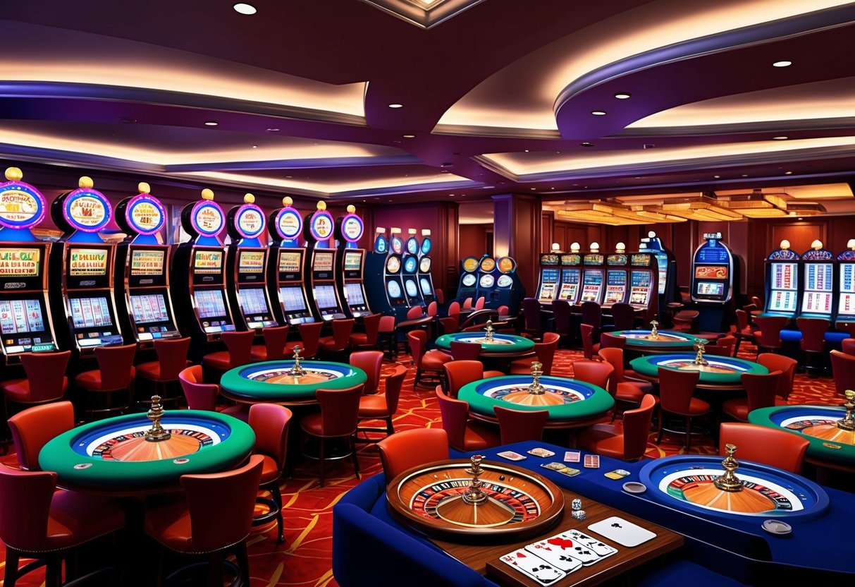 A lively casino floor with colorful slot machines, roulette tables, and card games. The room is filled with excitement and anticipation as players try their luck.