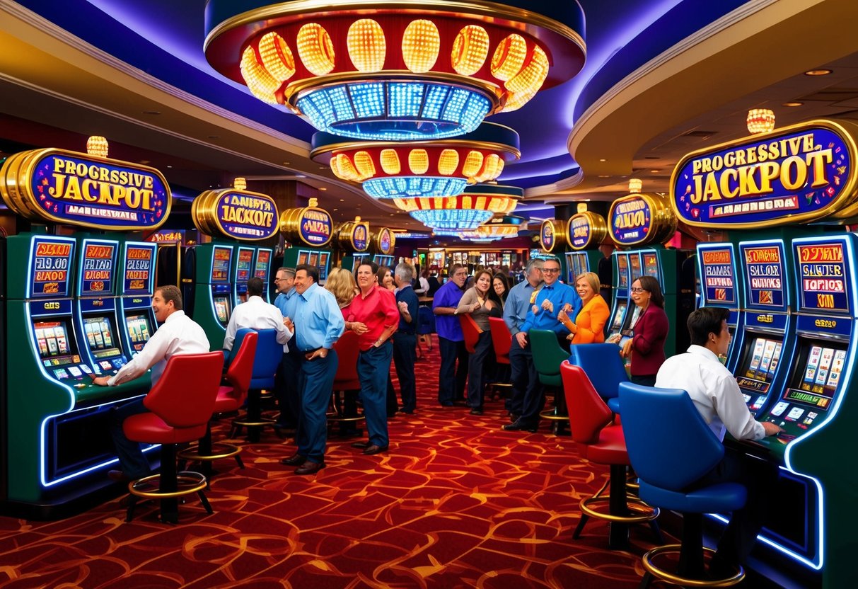 A colorful casino floor with rows of slot machines and flashing jackpot signs. Excited players gather around the progressive jackpot machines, hoping to win big.