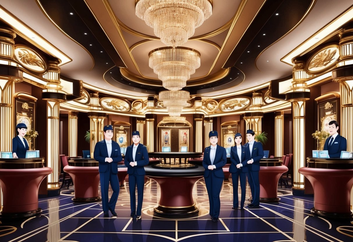 A luxurious casino interior with elegant security measures and welcoming staff. The scene radiates sophistication and opulence.