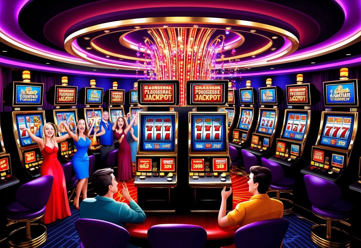 A vibrant casino setting with flashing lights and slot machines, surrounded by excited players hoping to hit the ultimate progressive jackpot.