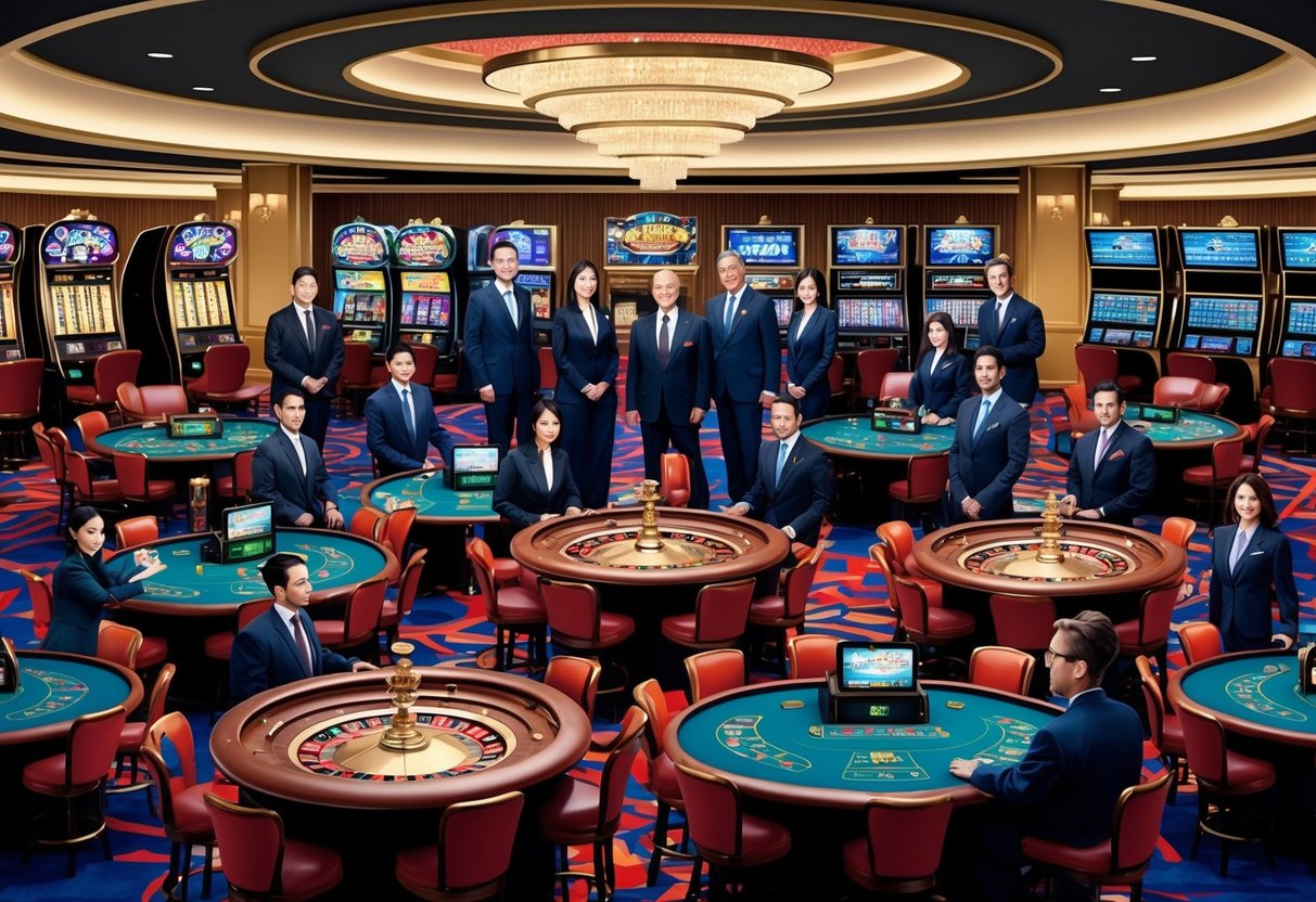 An animated casino floor with various gaming tables and slot machines, surrounded by elegantly dressed employees and a well-dressed executive team in a meeting in a conference room.