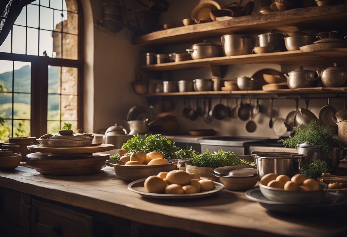 Uma cozinha rústica na Umbria, Itália, com uma mesa de madeira cheia de pratos e ingredientes tradicionais. Uma atmosfera quente e aconchegante com utensílios de cozinha vintage e uma vista do campo.