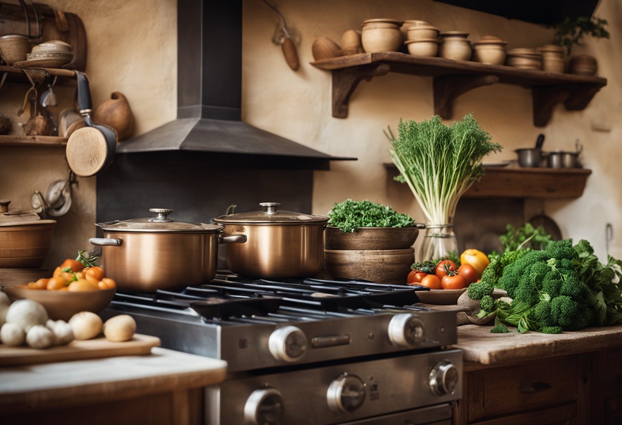 Uma cozinha rústica na Umbria, repleta de utensílios e ingredientes tradicionais. Uma panela borbulha no fogão, enquanto ervas e vegetais frescos adornam as bancadas. A atmosfera quente e acolhedora reflete a influência histórica e cultural na culinária umbria.