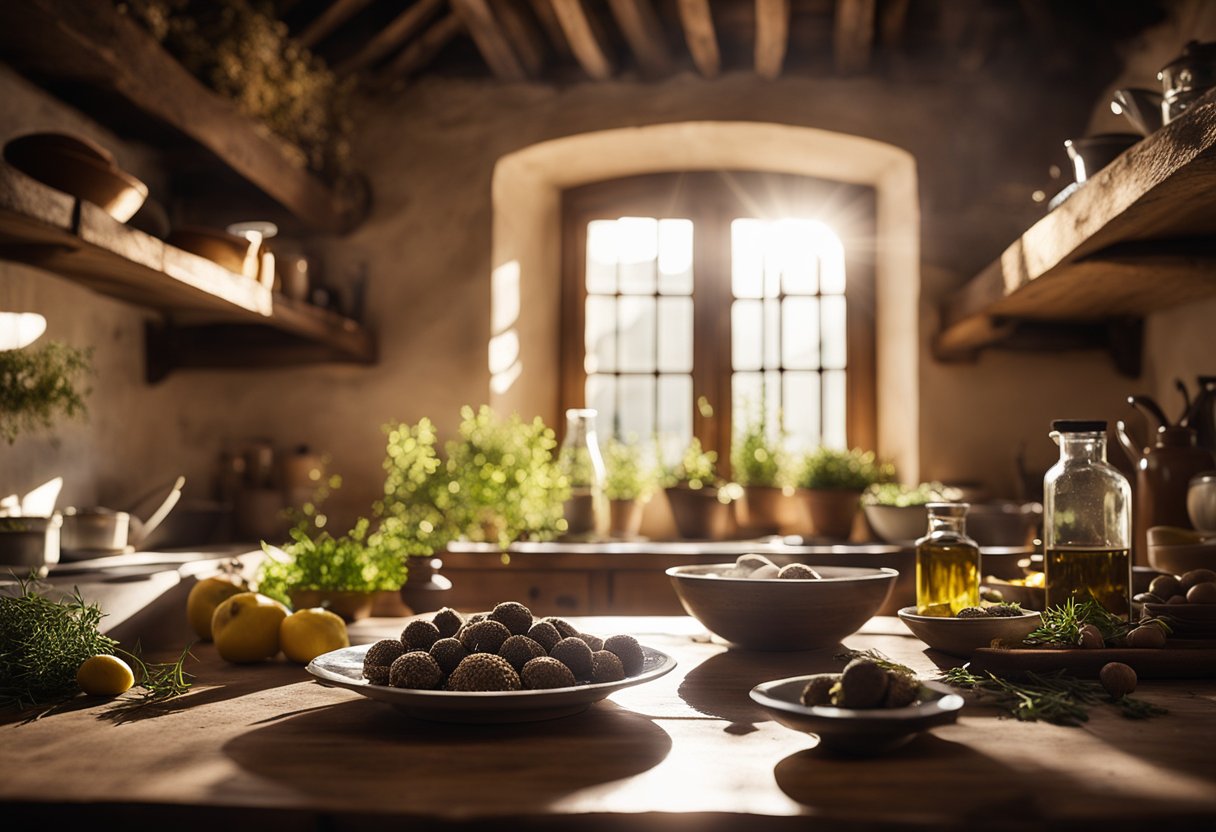 Uma cozinha rústica na Umbria, com ingredientes frescos como azeite, trufas e ervas silvestres em uma mesa de madeira. A luz do sol entra por uma janela, lançando um brilho quente nos pratos tradicionais que estão sendo preparados.