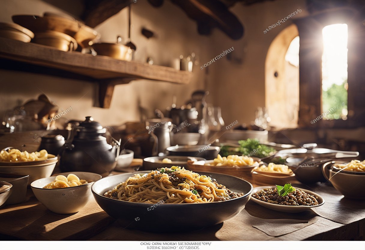 Uma cozinha rústica na Umbria, com uma grande mesa de madeira posta com pratos tradicionais como massa com trufas, porchetta e sopa de lentilhas. O calor suave da luz do sol entra pela janela, destacando as cores ricas da comida.