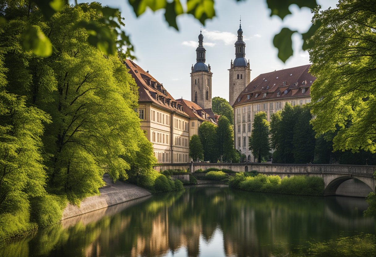 A serene campus scene with the University of Tübingen's iconic buildings and lush greenery, with a prominent focus on the academic facilities and resources offered