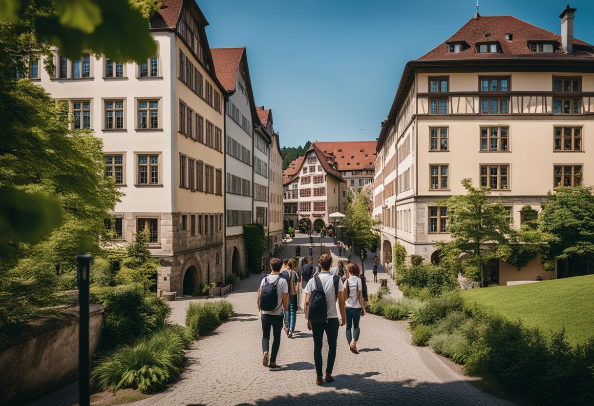 A bustling university campus in Tübingen, Germany, with students walking to and from classes, surrounded by historic buildings and lush greenery