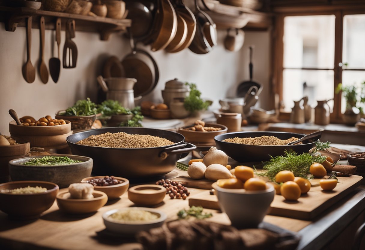 Uma cozinha rústica cheia de ingredientes e utensílios de cozinha tradicionais da Calábria, com uma mesa posta para uma refeição em família.