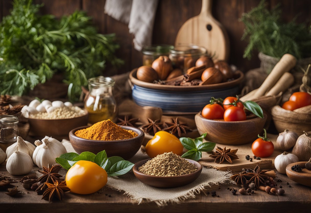 Uma mesa de cozinha rústica adornada com ingredientes frescos da Calábria e especiarias locais, evocando as ricas tradições culinárias da região.