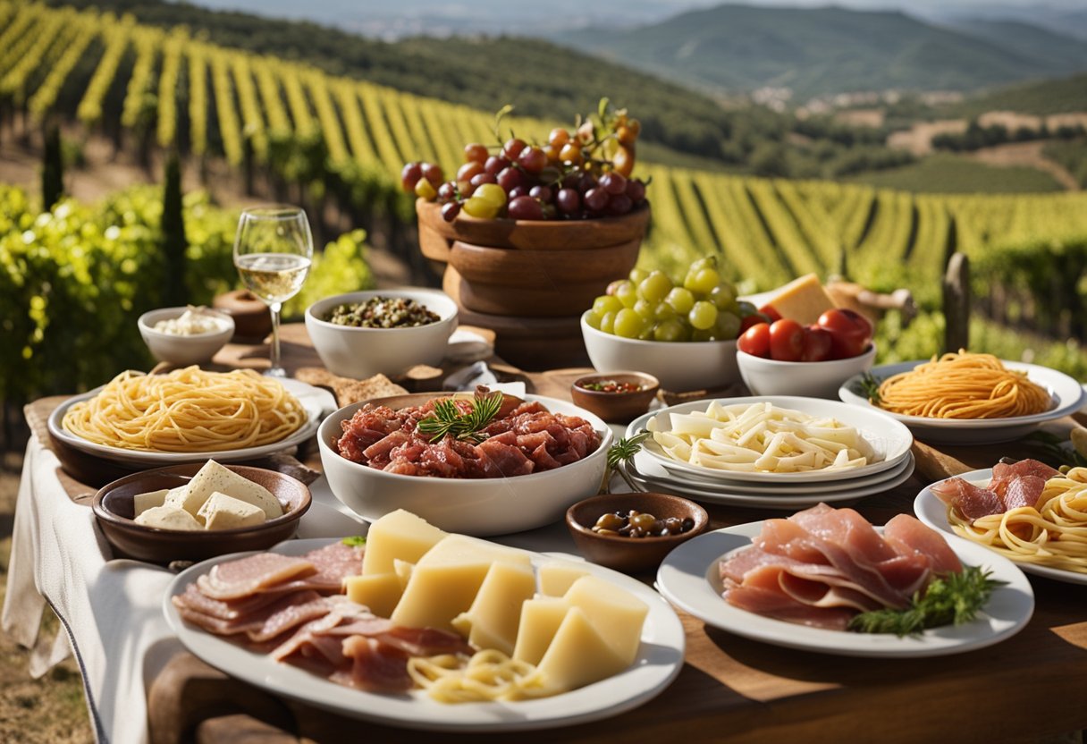 Uma mesa posta com pratos tradicionais calabreses, incluindo massas, embutidos e queijos regionais, cercada por vinhedos e olivais.