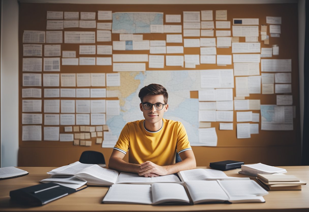 A student sitting at a desk, surrounded by books and a laptop, with a map of Germany and a list of University of Potsdam courses and tuition fees on the wall