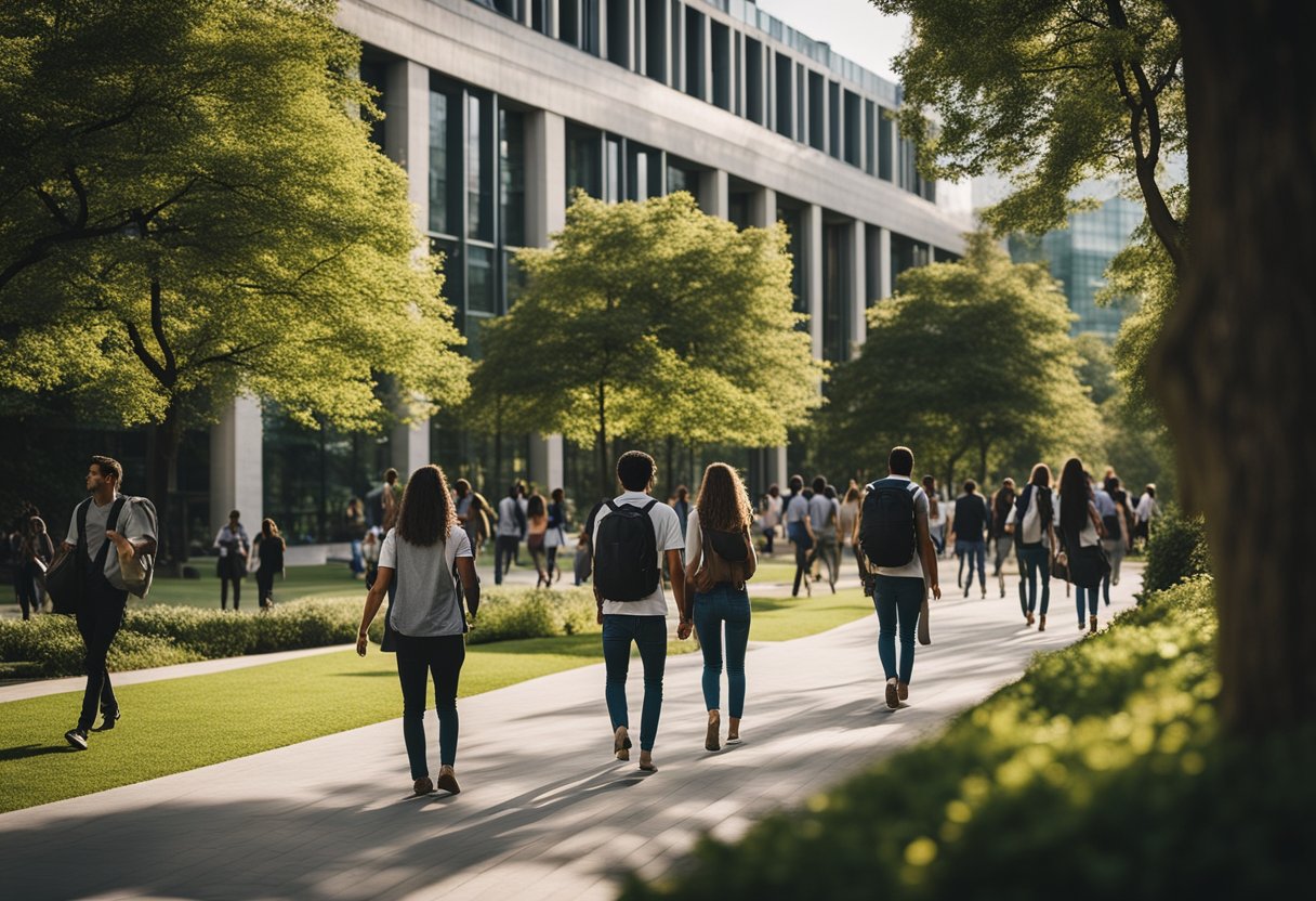 A bustling university campus with students walking between modern buildings and leafy green spaces