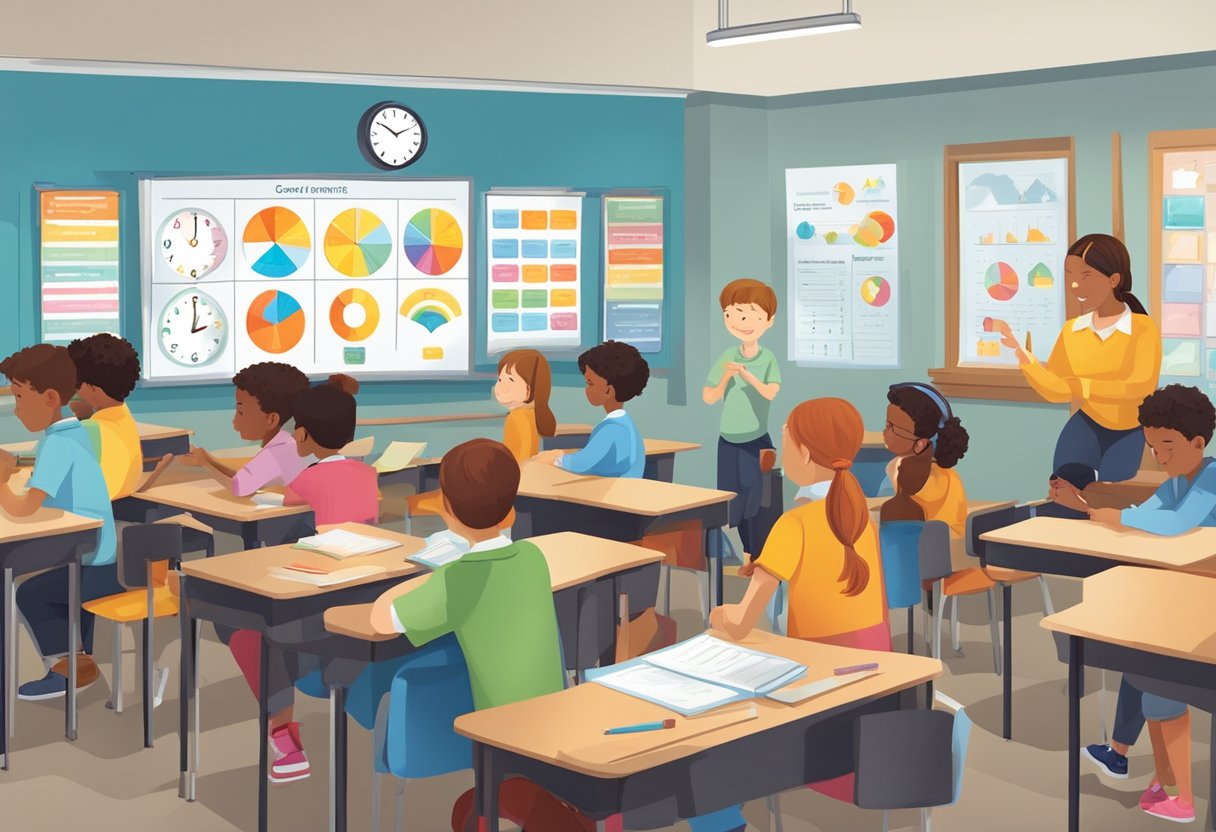 A classroom setting with a clock and a mood meter chart on the wall, students engaged in various activities with a sense of organization and self-awareness