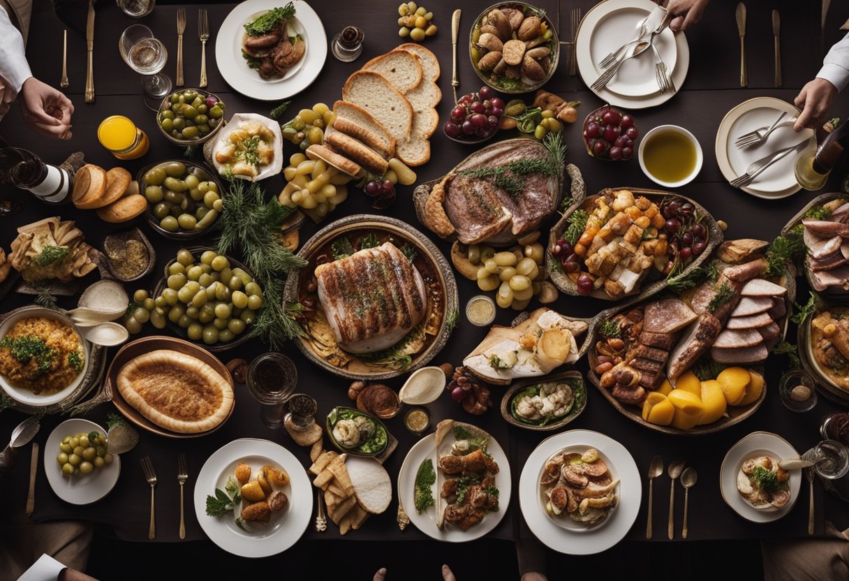 Uma mesa de banquete romana com uma variedade de pratos, incluindo carnes assadas, peixes, frutas e pães, ao lado de ânforas de vinho e azeite.