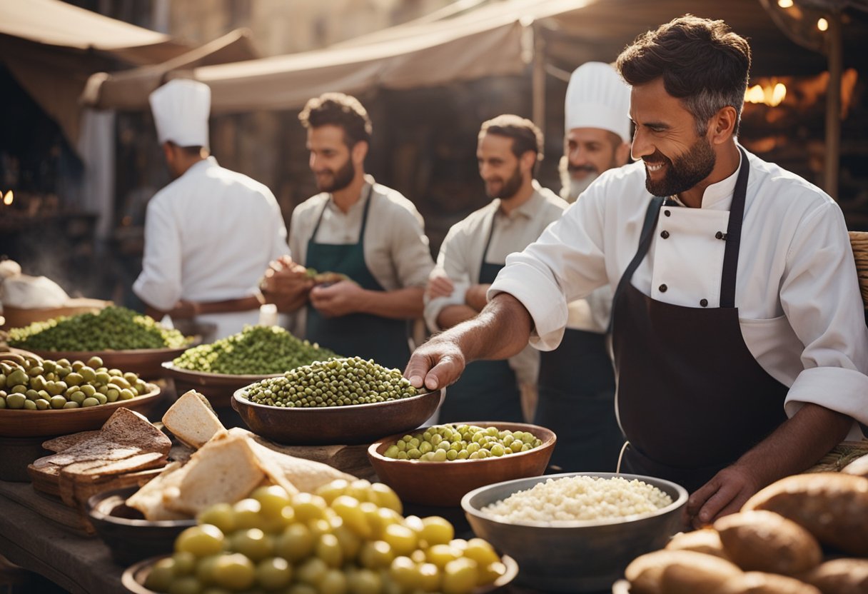 Um mercado romano movimentado com vendedores vendendo azeitonas, uvas e pão recém-assado. Um chef prepara um prato tradicional romano sobre uma chama aberta, cercado por ervas e especiarias aromáticas.