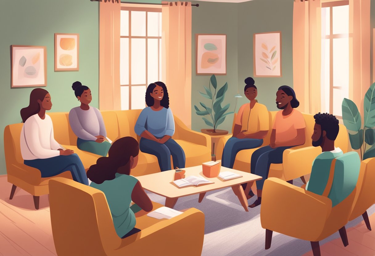 A school counselor leads a group therapy session in a cozy, brightly lit room with comfortable seating and calming decor