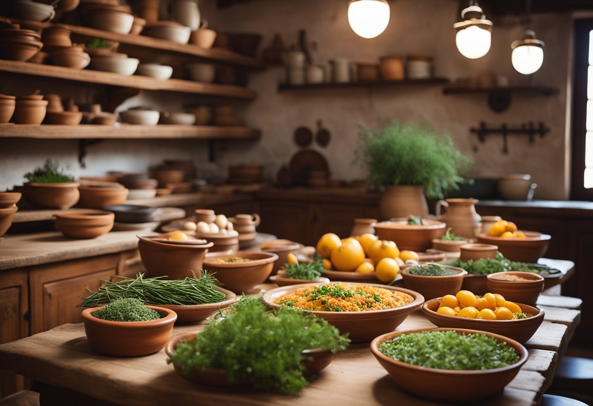 Uma cozinha rústica sarda com uma grande mesa de madeira cheia de pratos tradicionais mediterrâneos, cercada por vasos de terracota com ervas frescas e pratos de cerâmica coloridos.