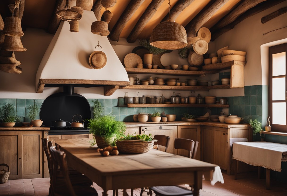 Uma cozinha rústica na Sardenha, com um fogão a lenha, ervas frescas penduradas no teto e uma mesa posta com pratos tradicionais sardenhos.