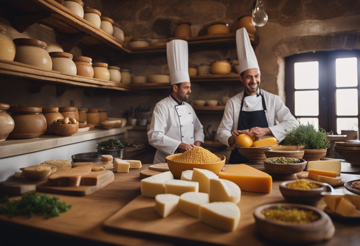 Uma cozinha rústica na Sardenha, com prateleiras de ingredientes locais como queijo pecorino, bottarga e fregola. Um chef prepara pratos tradicionais como malloreddus e porceddu, enquanto o aroma de murta e açafrão preenche o ar.