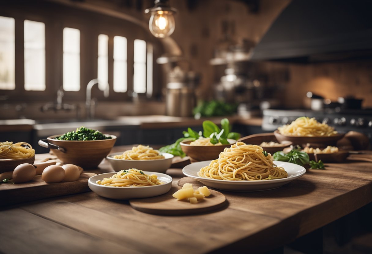 Uma cozinha rústica italiana com uma mesa de madeira posta para uma refeição, apresentando três pratos diferentes de massa sem glúten e ingredientes tradicionais italianos.