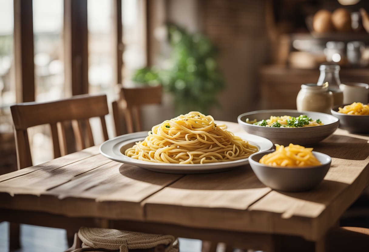 Uma cozinha rústica com uma mesa de madeira posta para uma refeição, apresentando três pratos tradicionais de massa italiana sem glúten. O ambiente é banhado por uma luz natural quente, criando uma atmosfera acolhedora e convidativa.