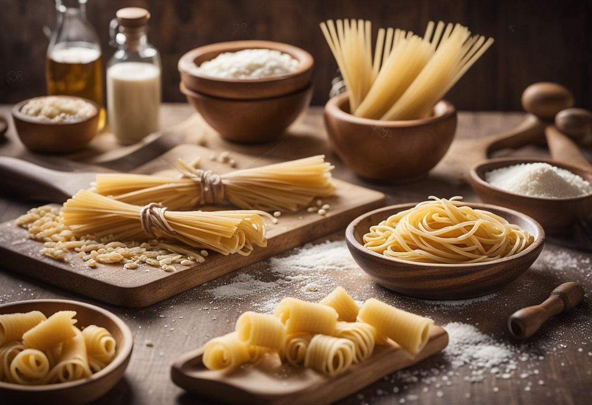 Uma cozinha italiana rústica com uma mesa de madeira posta com três pratos diferentes de massa sem glúten. Um rolo de massa, um cortador de massa e farinha podem ser vistos na bancada.