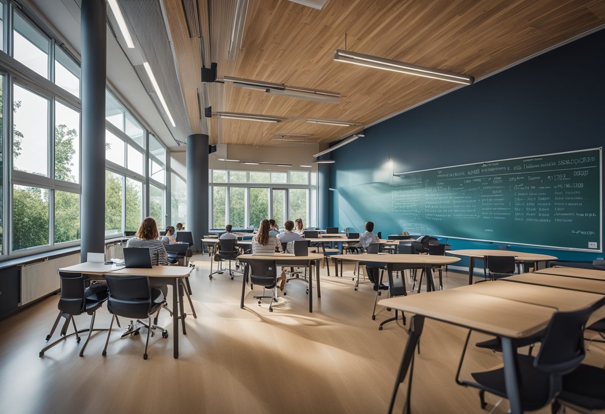 A vibrant classroom at University of Hohenheim, with students engaged in various courses, surrounded by the beautiful campus and modern facilities