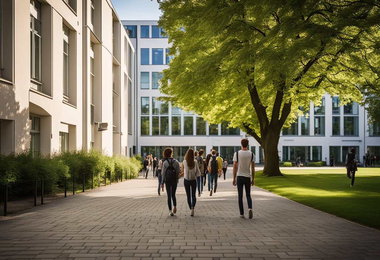 A bustling campus courtyard at the University of Hohenheim, with students walking between modern buildings and leafy green trees