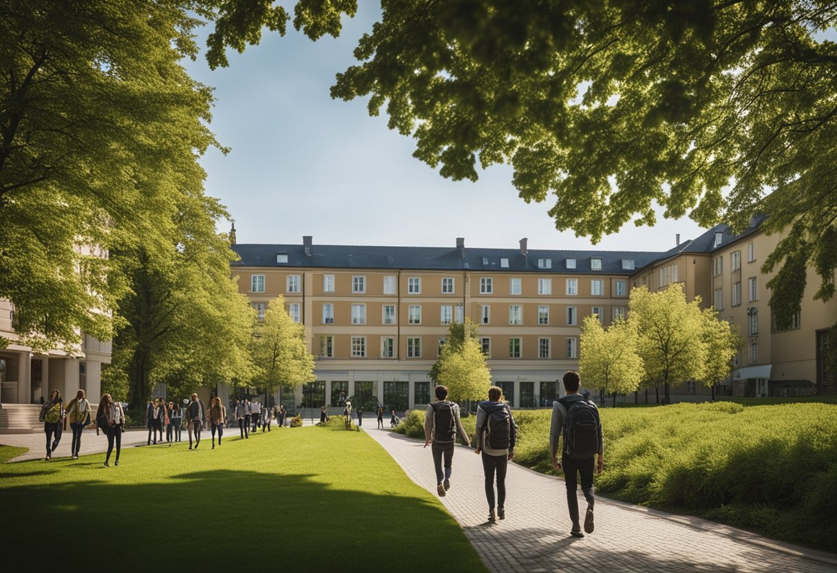 A bustling campus scene at University of Hohenheim with students walking between modern buildings, surrounded by greenery and a sense of academic vibrancy