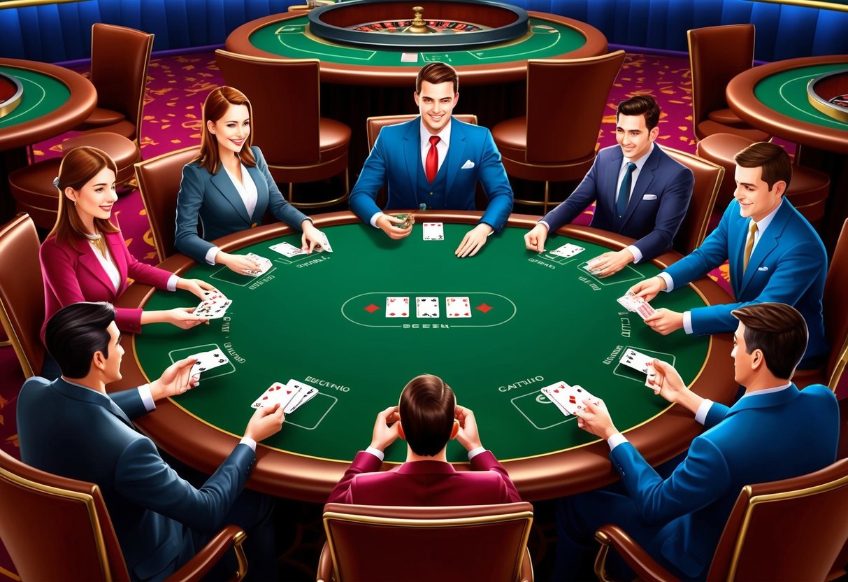 A group of players is seated around a green felt table, placing bets and receiving cards from the dealer in a lively casino atmosphere.