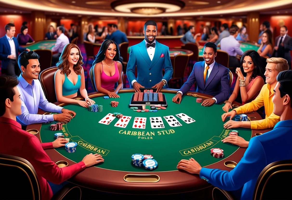 A vibrant casino table with Caribbean Stud Poker cards and chips, surrounded by eager players and a confident dealer