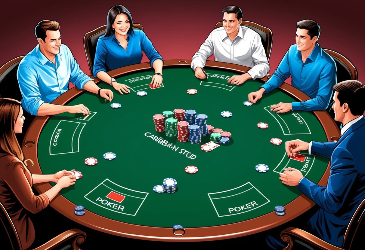 A group of people sitting around a Caribbean Stud Poker table, with chips and cards scattered on the green felt surface.