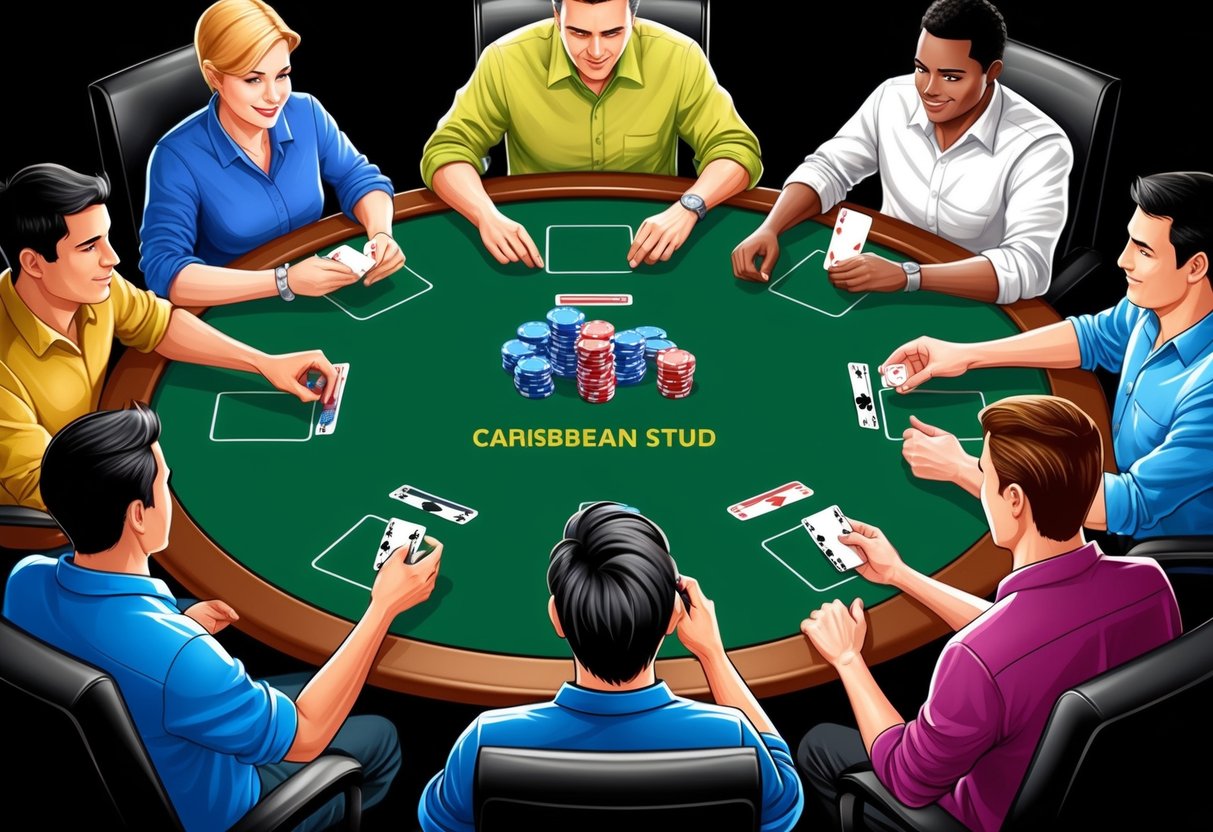 A group of players sitting around a green felt table, each with a stack of chips and a hand of cards. The dealer is preparing to reveal the community cards in a game of Caribbean Stud Poker.