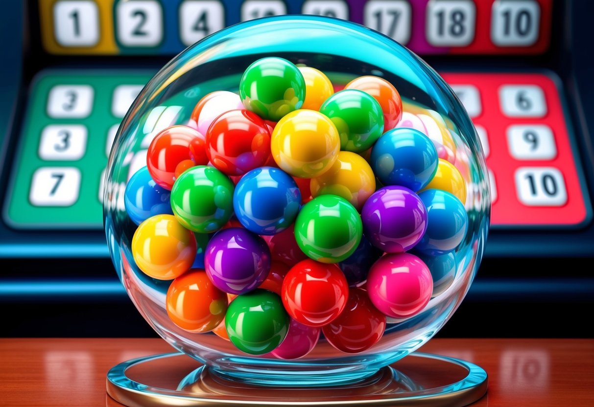 Un assortiment coloré de boules de Keno tombant et se mélangeant dans une sphère en verre, avec des numéros affichés sur un tableau en arrière-plan.