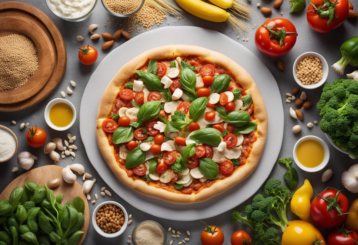 Uma mesa com massa de pizza integral e coberturas saudáveis, como legumes e proteínas magras, pronta para ser montada em uma pizza nutritiva.