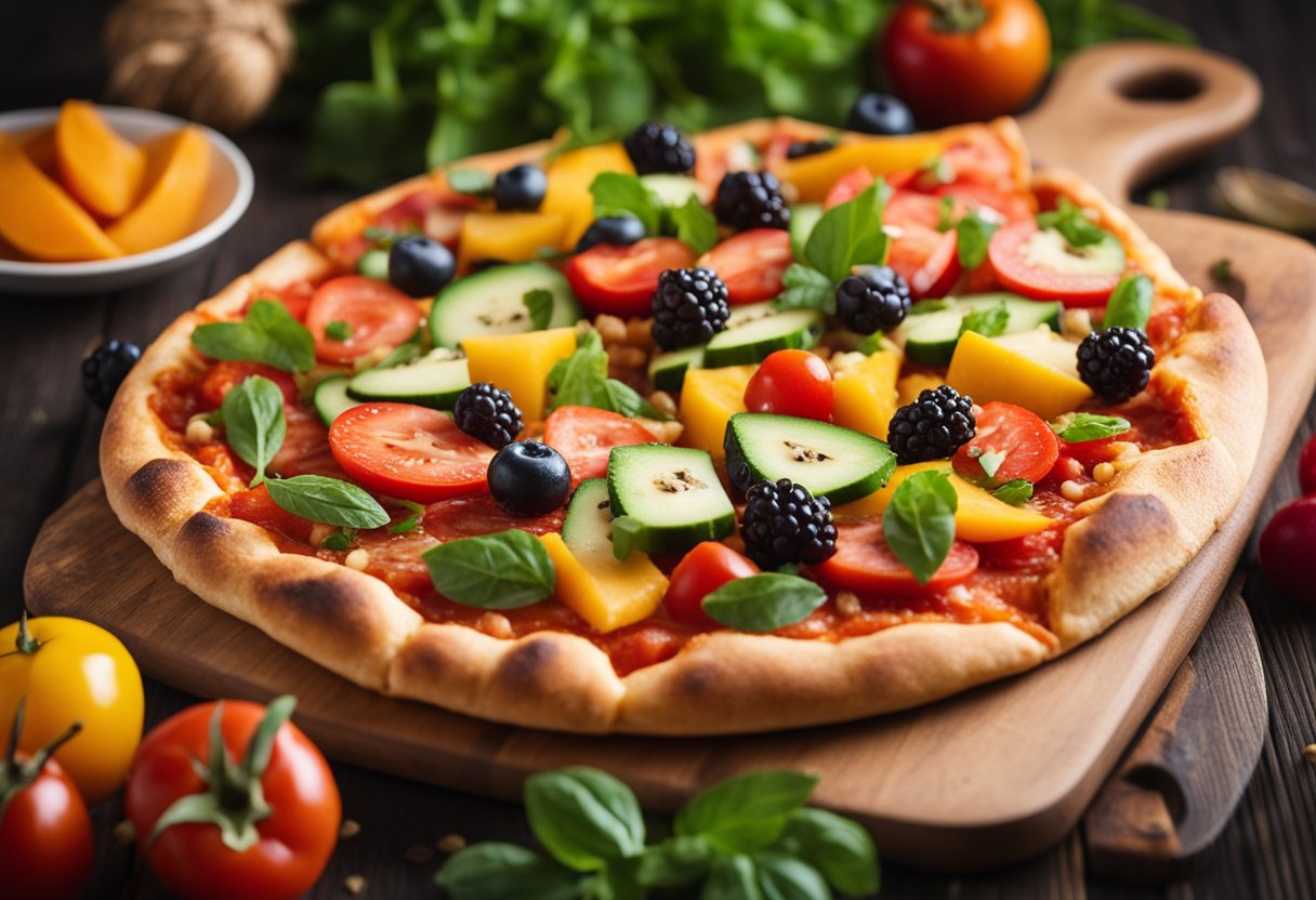 Uma pizza integral colorida e apetitoso com coberturas frescas e saudáveis, cercada por frutas e vegetais vibrantes