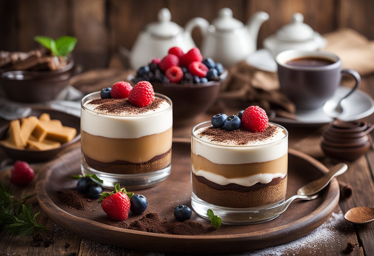 Uma mesa de madeira rústica exibe duas elegantes sobremesas italianas: um tiramisu reformulado e uma panna cotta cremosa, decoradas com frutas vermelhas frescas e cacau em pó.