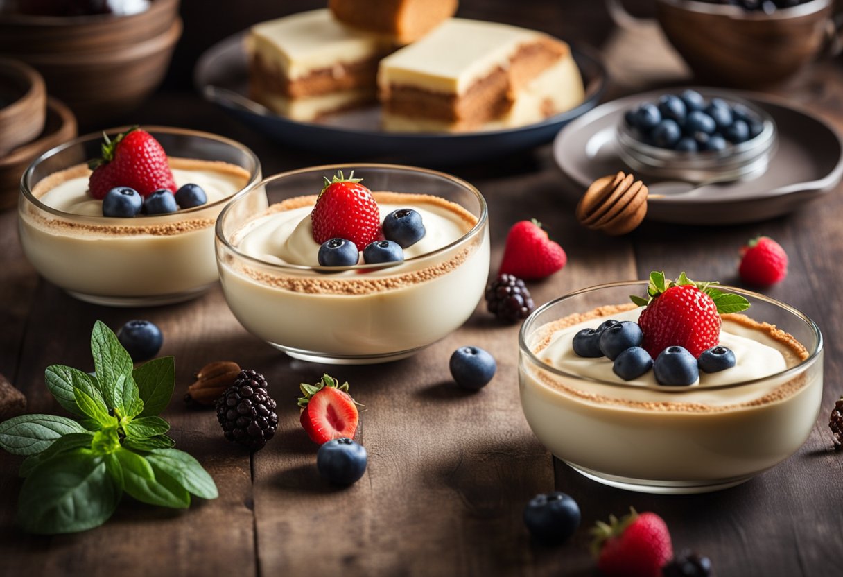 Uma mesa de cozinha italiana rústica adornada com elegantes sobremesas de Tiramisu e Panna Cotta low carb, cercada por ingredientes frescos como queijo mascarpone e frutas vermelhas.