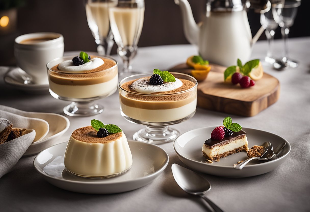 Uma mesa decorada com elegantes sobremesas italianas: Tiramisu e Panna Cotta, destacando seus sabores e texturas irresistíveis.