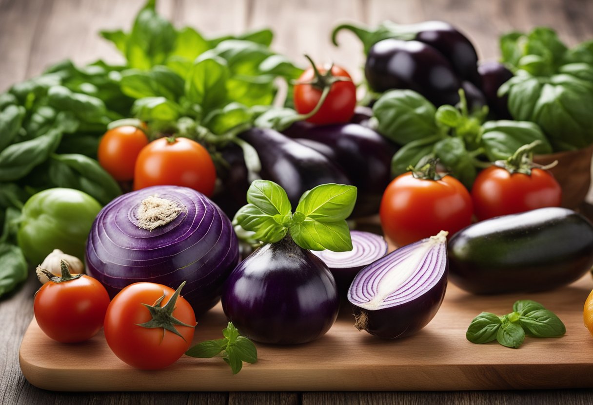 Uma seleção de vegetais e ervas frescas e coloridas dispostas em uma tábua de madeira, incluindo berinjela, tomates, manjericão e alho.