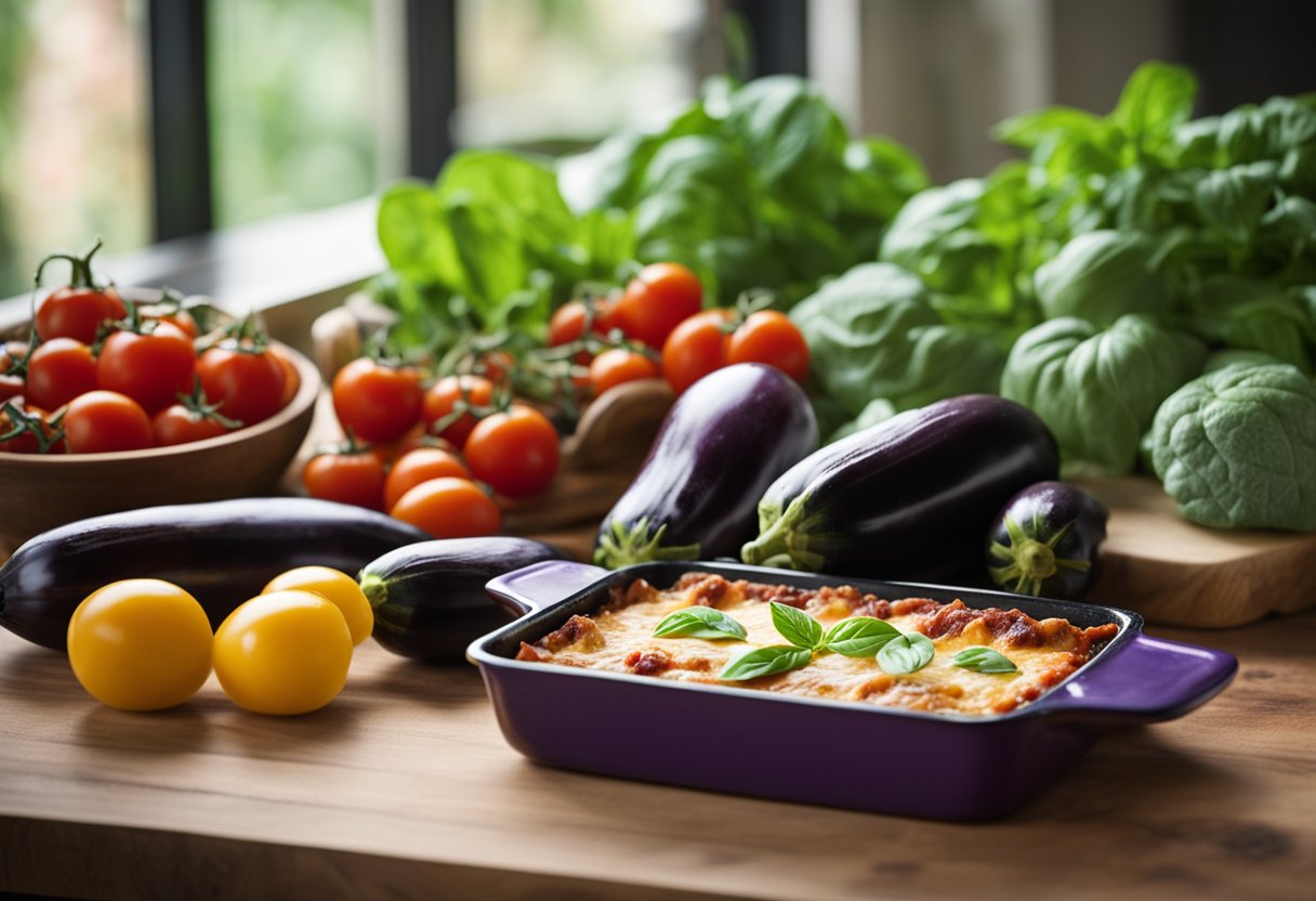 Uma bancada de cozinha rústica exibe ingredientes para lasanha vegana de berinjela, incluindo berinjelas frescas, tomates, manjericão e queijo vegano.