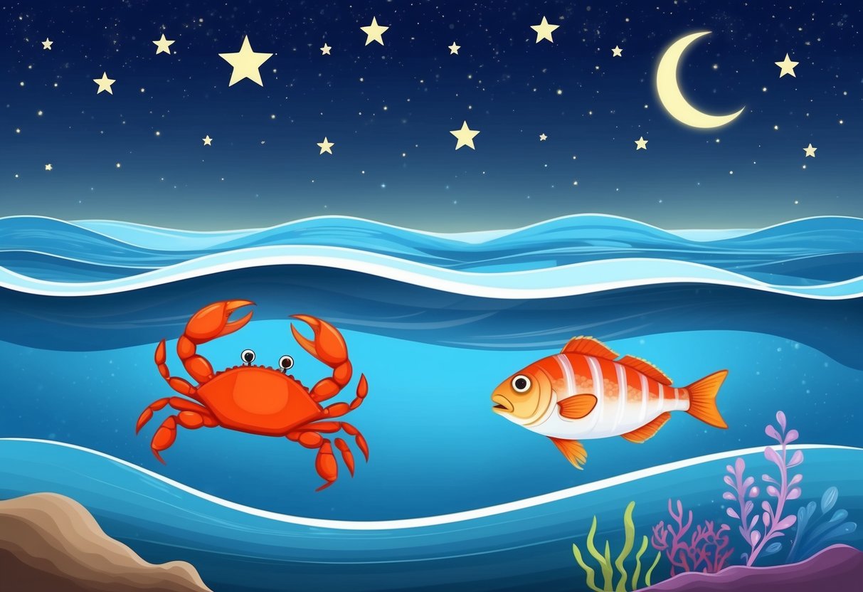 A serene ocean with gentle waves under a starry night sky, with a crab and fish swimming peacefully together