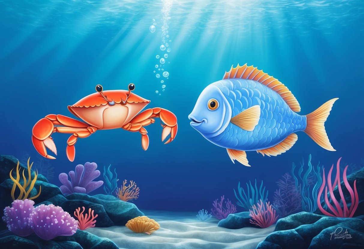 A serene underwater scene with a gentle Cancer crab and a dreamy Pisces fish swimming together in harmony